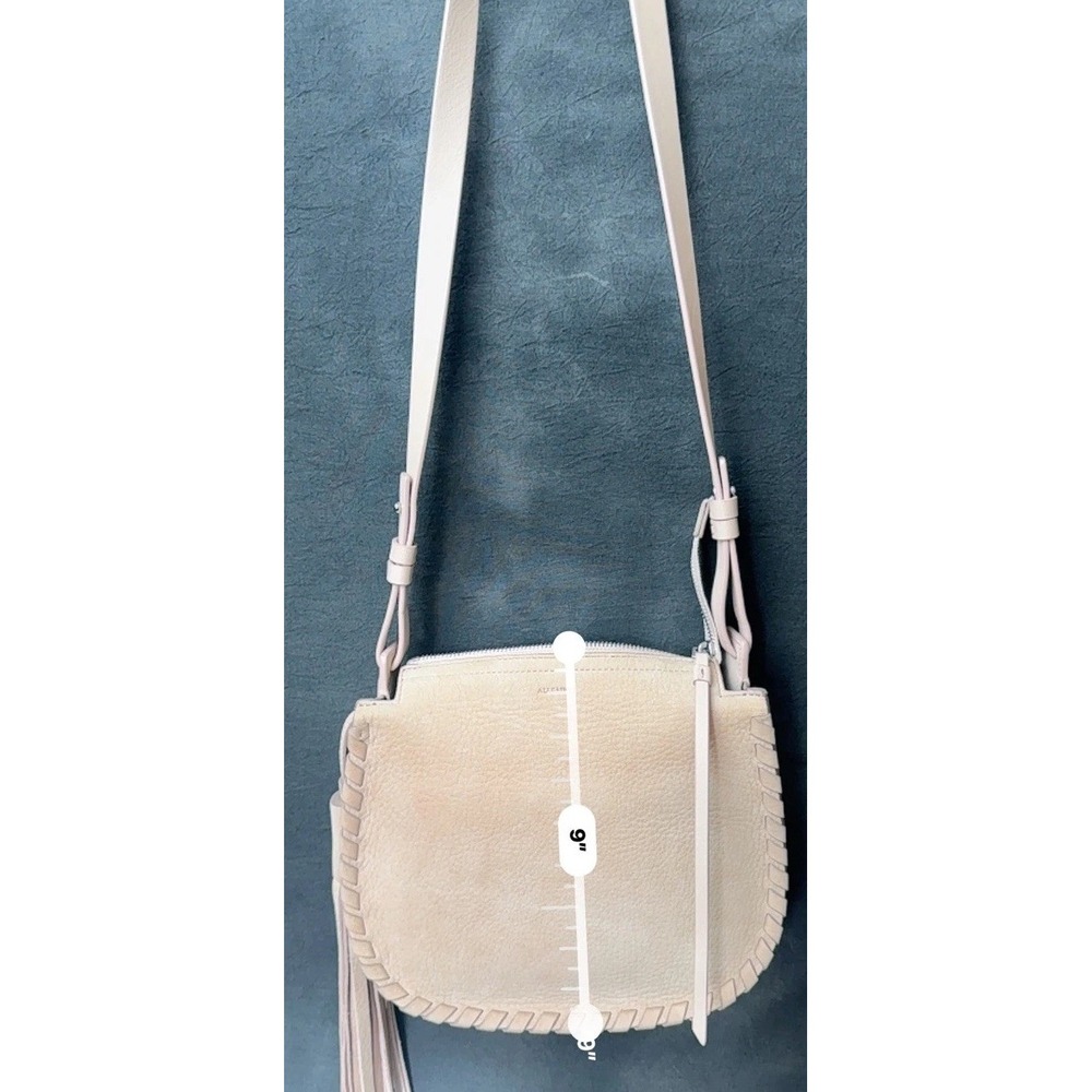 AllSaints Leather Suede Crossbody Bag Beige Tan Tassel Fringe Festival Boho Fall - Picture 10 of 14